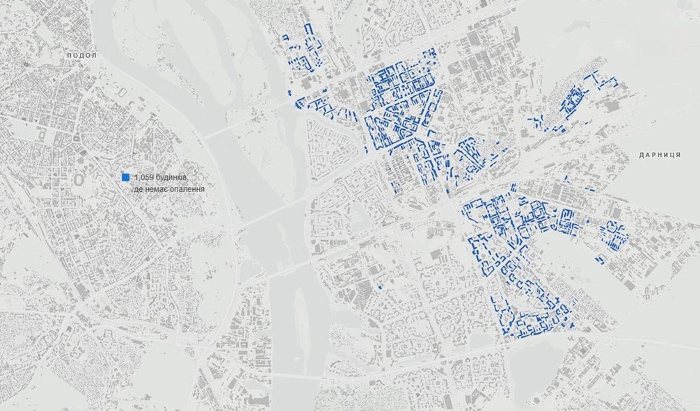    Синим отмечены дома Киева, которым уже гарантировано отсутствие тепла до конца нынешней зимы. Схема: министерство энергетики Украины