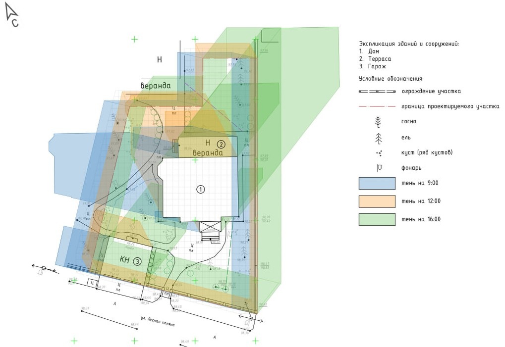 Инсоляционная схема. Теневой участок, потому что много крупных строений + лес