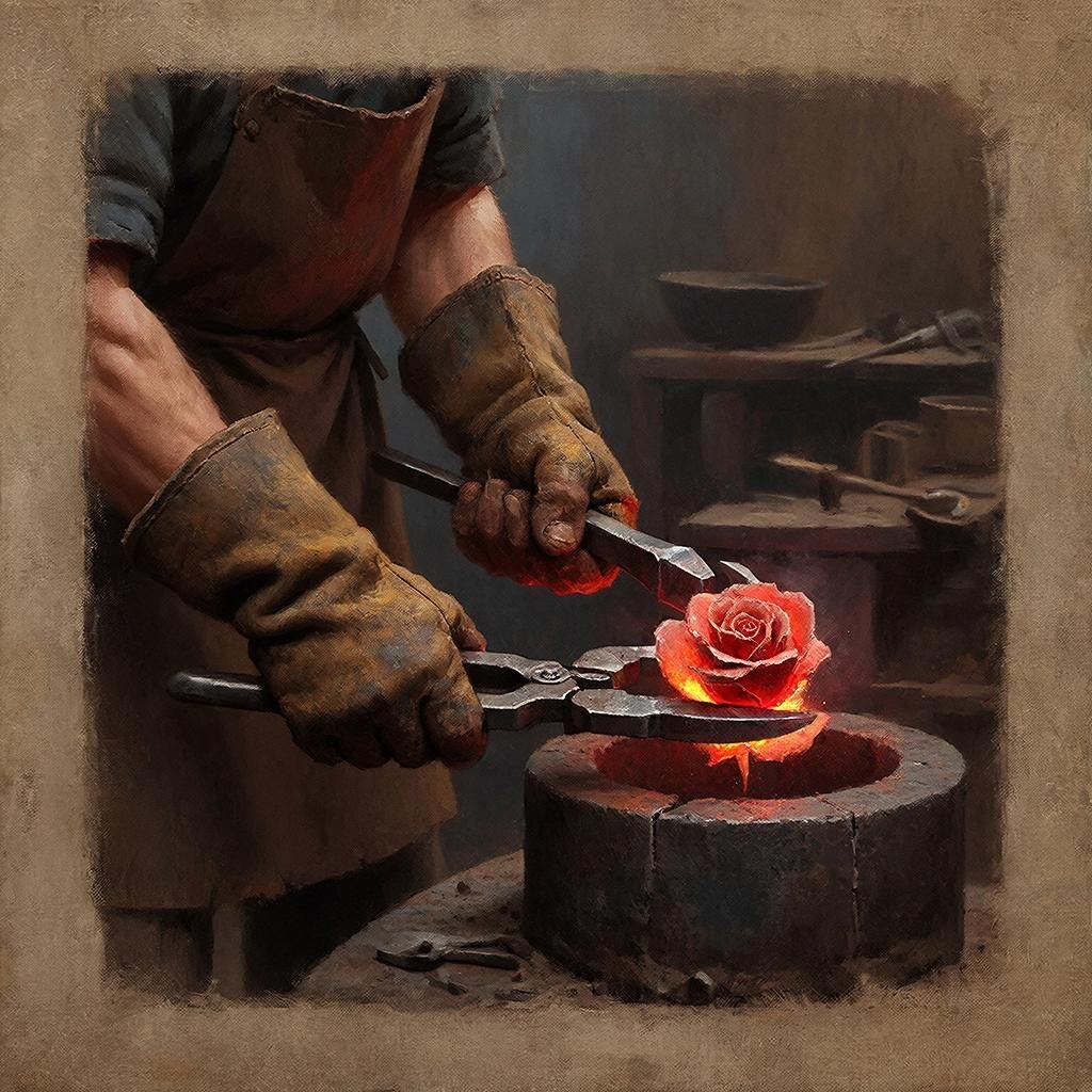 Он кует розу. Не просто цветок из металла — именно розу.