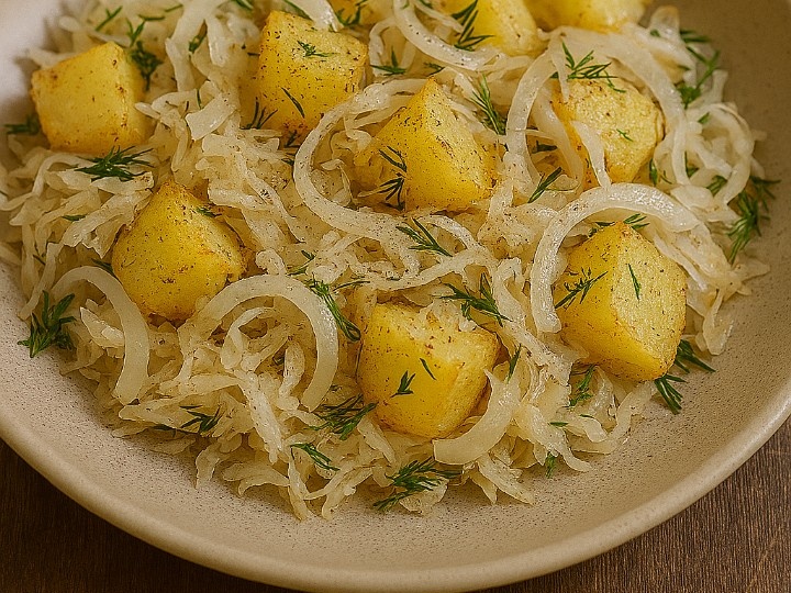 Салат из квашеной капусты, картошки и лука от бабы Вари