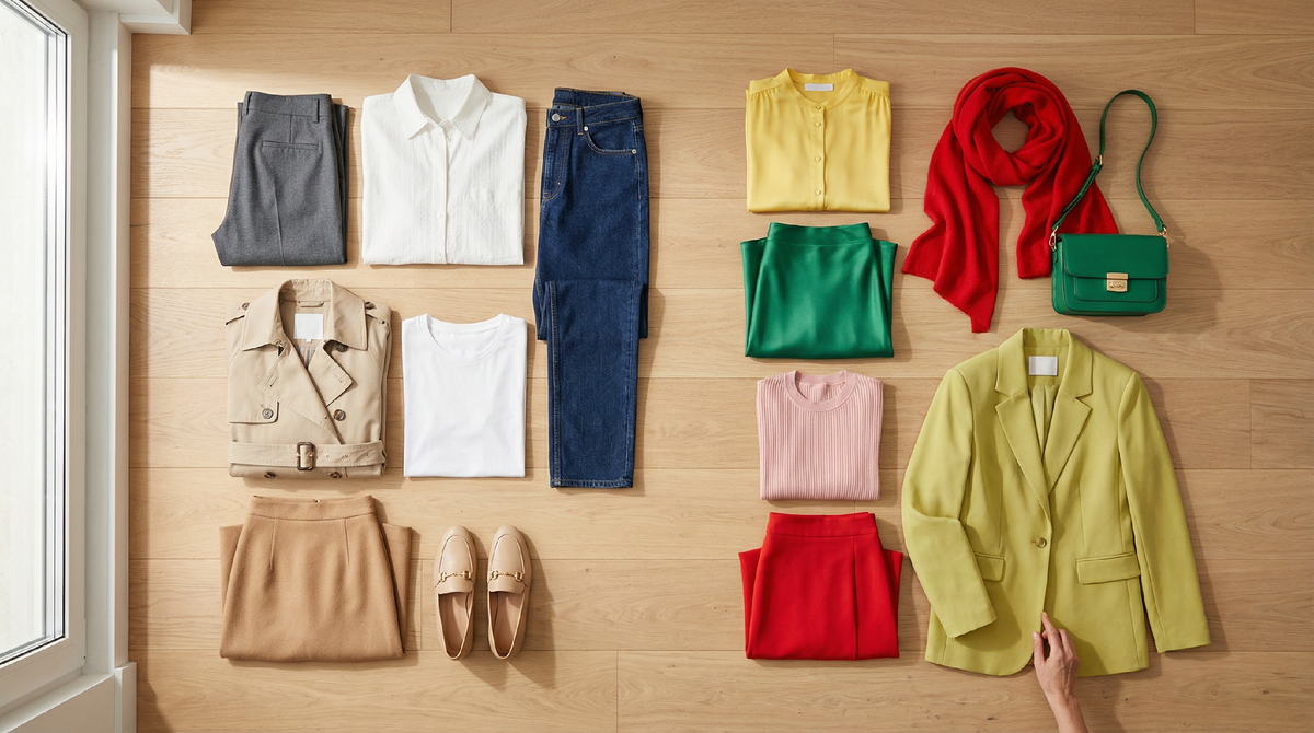 14 вещей. 7 базовых + 7 цветных. Каждая яркая дружит минимум с тремя нейтральными — иначе ей тут не место