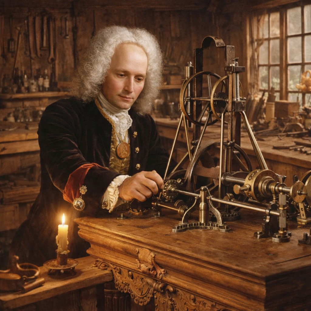 Андрей Нартов за токарным станком в мастерской XVIII века