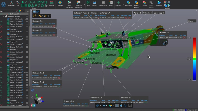 результаты контроля с отклонениями, отображенными в виде цветовой карты в программном модуле Inspection пакета Creaform Metrology Suite.
