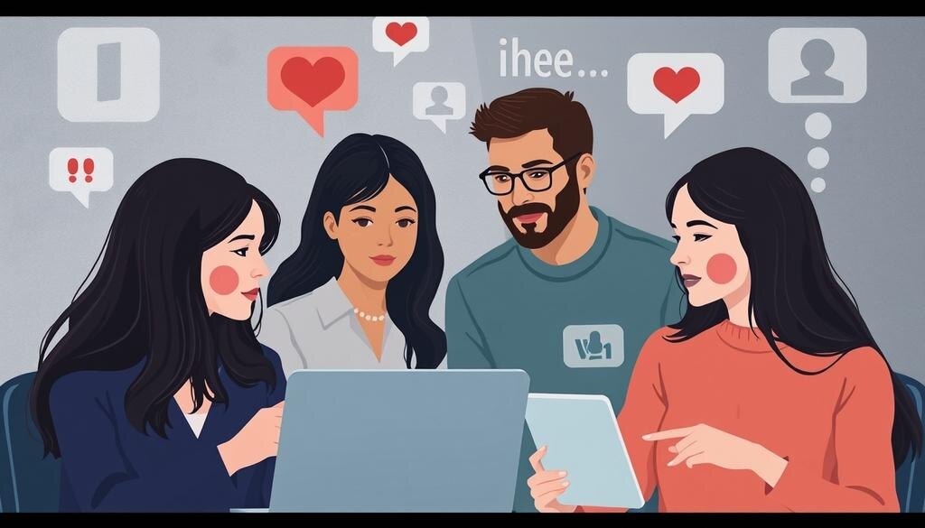    Иллюстрация, показывающая людей, делящихся своими переживаниями или личной информацией онлайн, с акцентом на анонимность и виртуальную среду.