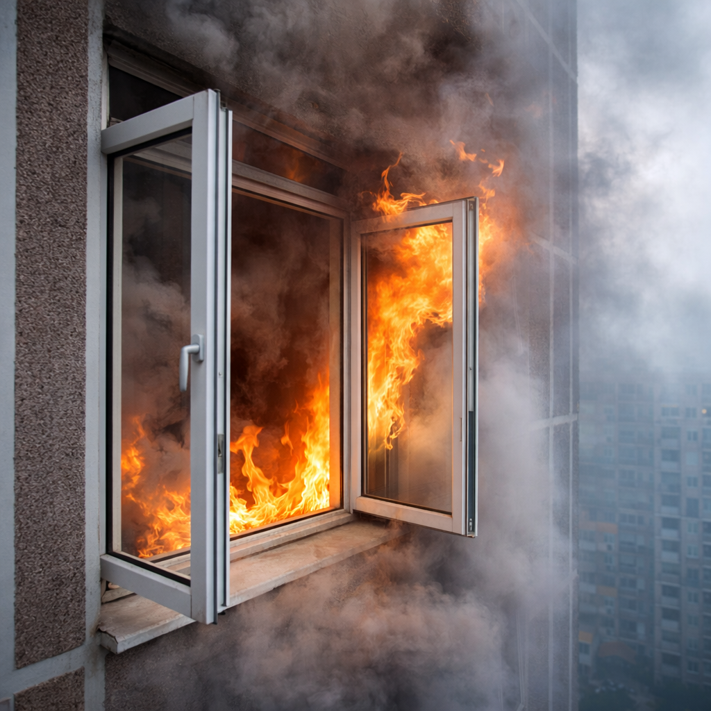 Открытое окно в задымленной комнате квартиры многоэтажного дома с языками пламени вид с улицы