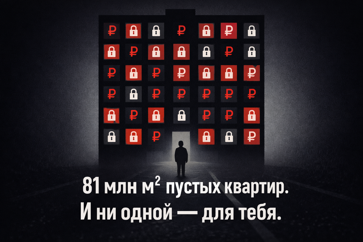 Стилизованное изображение многоэтажного дома с тёмными окнами, закрытыми знаками рубля. Внизу — одинокий силуэт человека. Символизирует проблему пустующего жилья и его недоступности для обычных людей