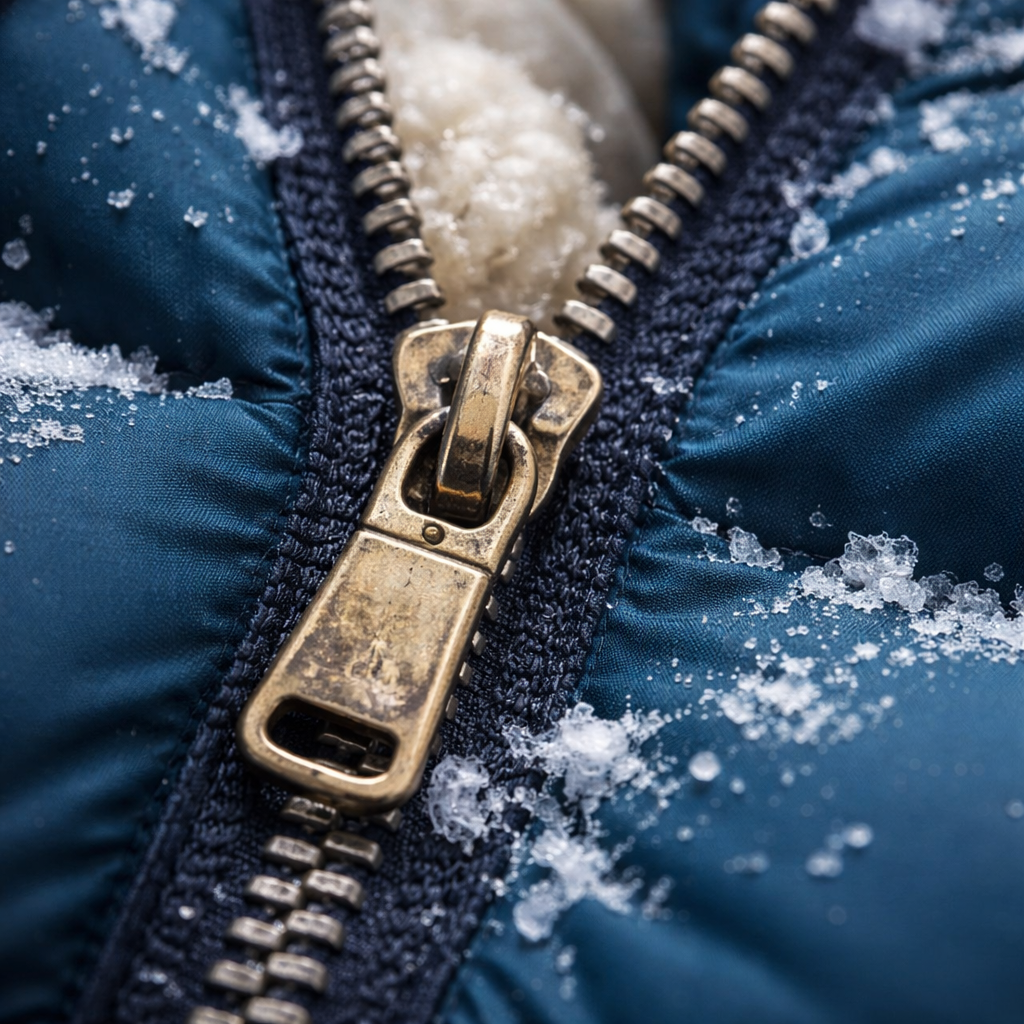 Застрявшая молния на зимней куртке крупным планом