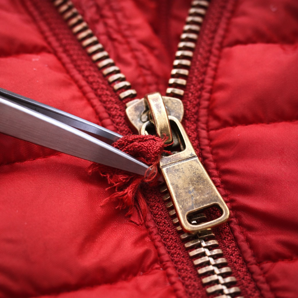 Пинцет вытаскивает ткань из застрявшей молнии красной куртки