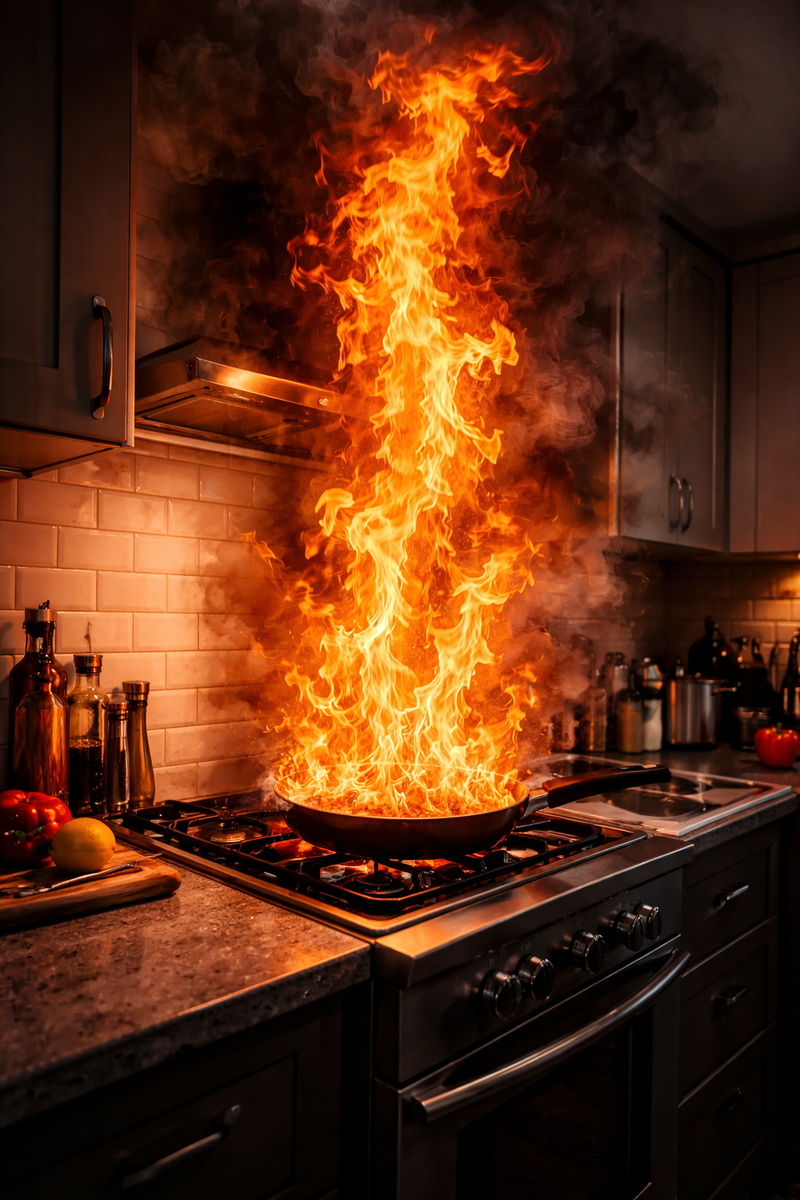 Горящее масло на сковороде крупным планом с высоким пламенем