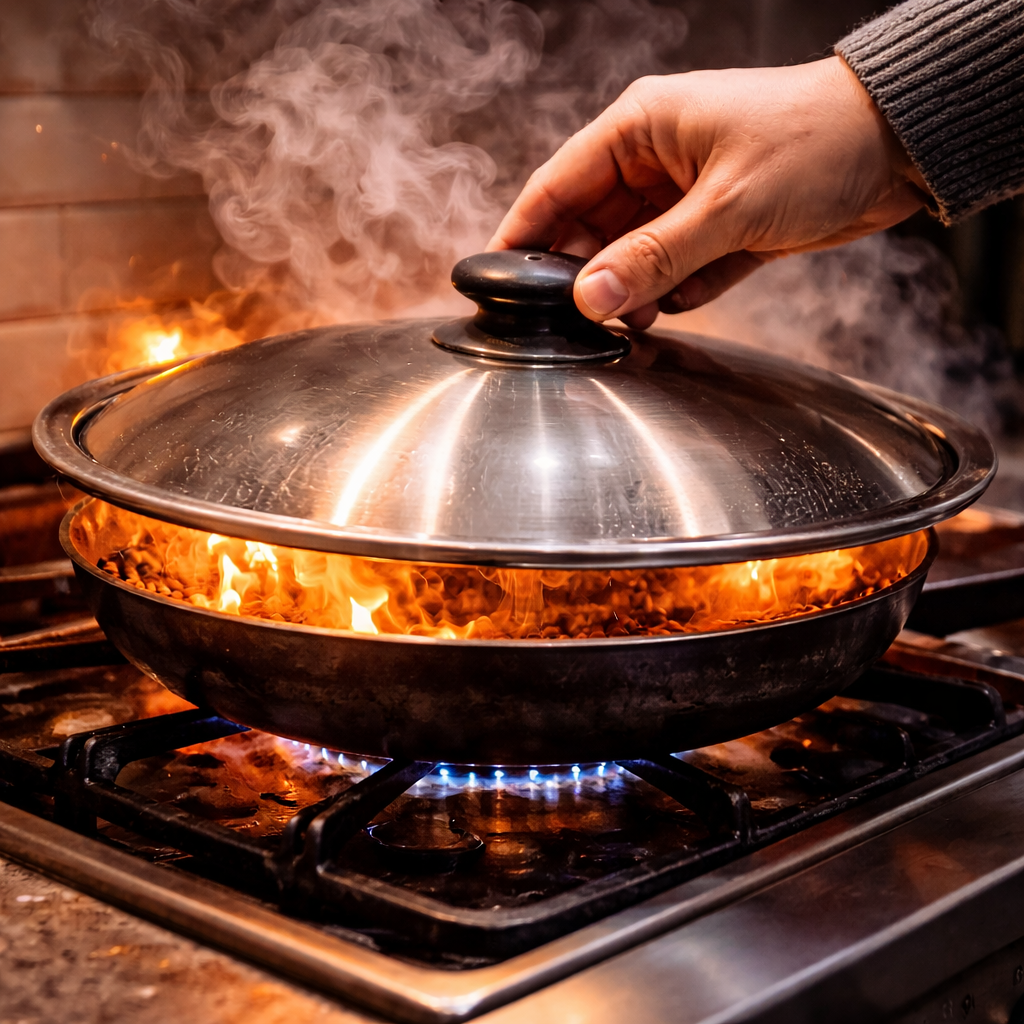 Металлическая крышка закрывающая горящую сковороду на плите