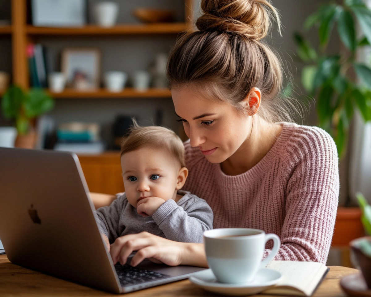 Мама в декрете работает за ноутбуком
