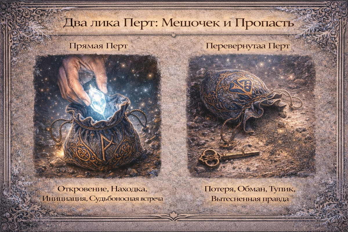 руна перт (перто) значение - схема символа тайны, мешочка судьбы, откровения и потери.  📷
