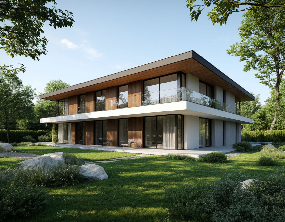 modern private house, architectural visualization, realistic exterior render, human scale, suburban environment, daylight, professional archviz