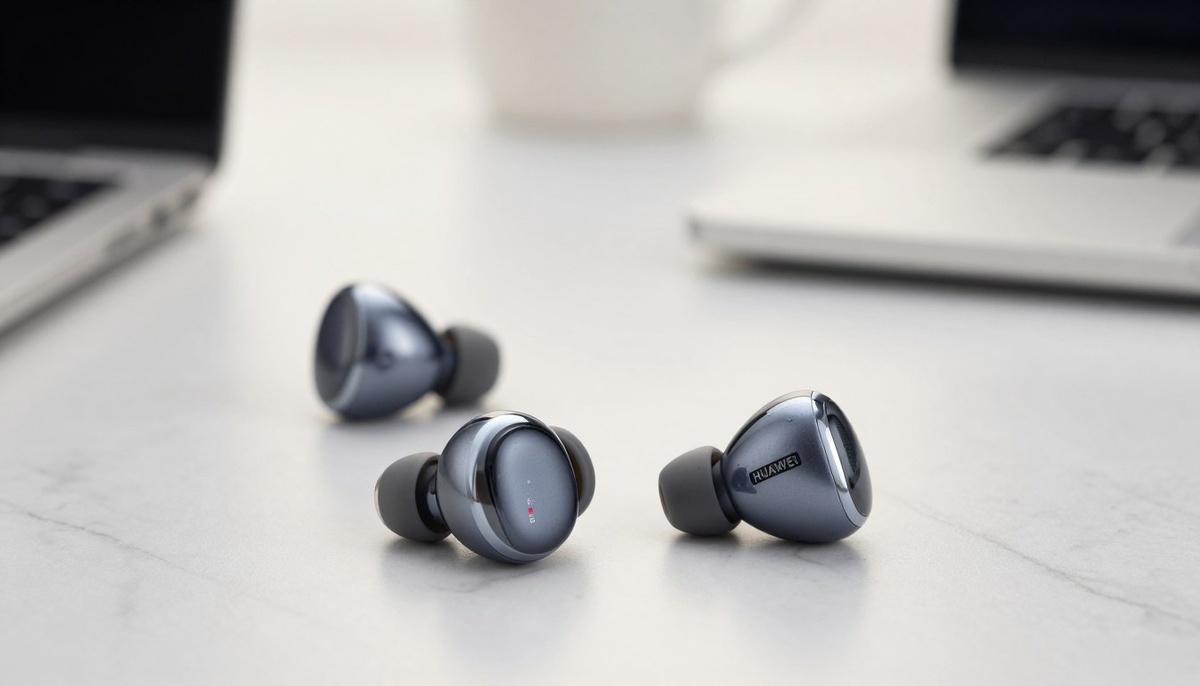 Изображение HUAWEI FreeBuds SE 2 крупным планом, демонстрирующее их элегантный и современный дизайн. Наушники должны быть представлены в хорошо освещенном месте, подчеркивая их глянцевое покрытие и эргономичную форму. На переднем плане наушники-вкладыши FreeBuds изящно покоятся на мраморной поверхности, подчеркивая их превосходный внешний вид. На среднем плане должно быть видно тонкое отражение наушников-вкладышей, добавляющее глубину композиции. На заднем плане изображено слегка размытое рабочее пространство с элементами минималистичного оформления стола, что создает профессиональную атмосферу. Освещение должно быть мягким и рассеянным, создавая привлекательное и утонченное настроение. Передайте суть современных беспроводных аудиотехнологий с акцентом на элегантность и функциональность.