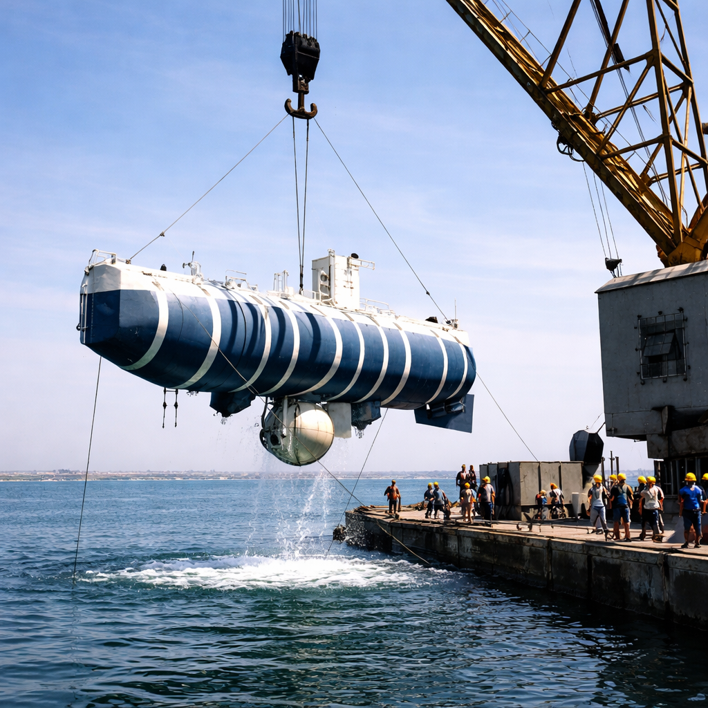 Батискаф Триест на поверхности океана 1960 год