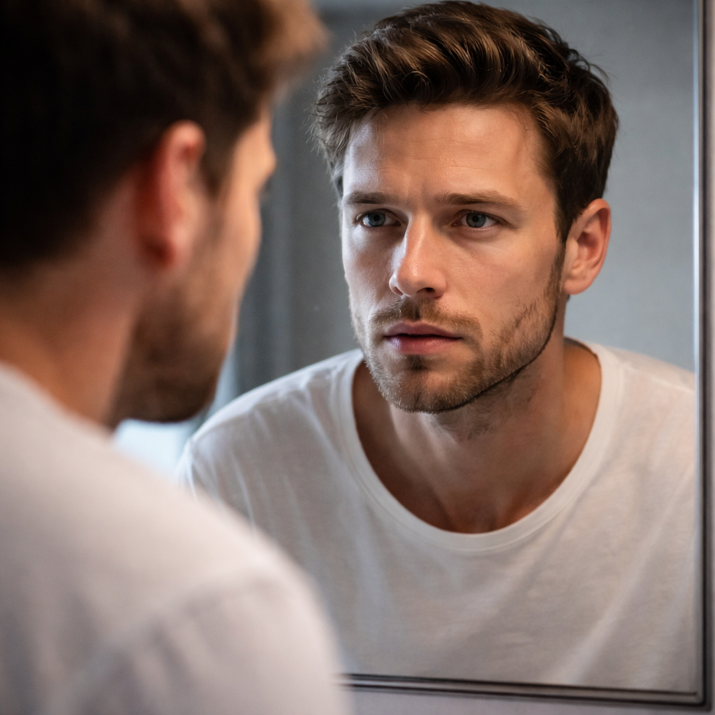 Отражение лица в зеркале крупным планом