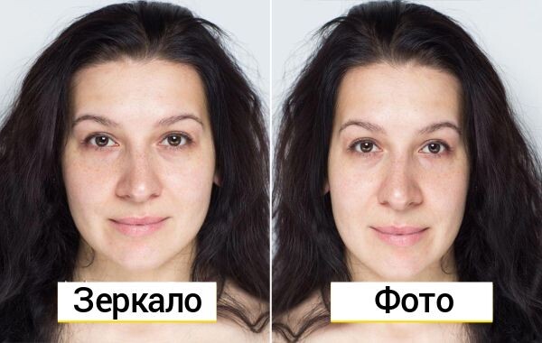 Сравнение зеркального отражения и фотографии одного человека