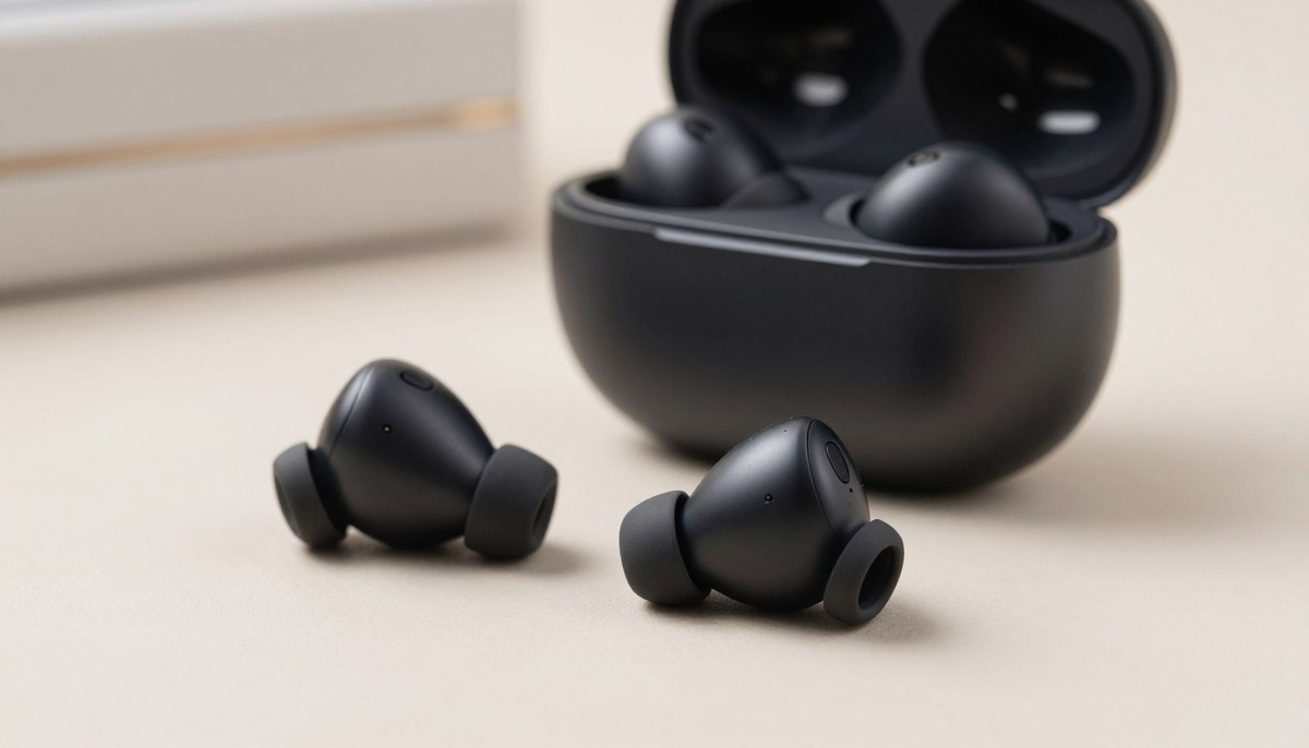 На переднем плане - пара элегантных черных беспроводных наушников Redmi Buds 6 Play, выполненных в современном дизайне с тонкими изгибами и матовым покрытием. Вкладыши расположены под небольшим углом, что подчеркивает их уникальную форму и функции шумоподавления, а кнопки soft touch едва заметны. Посередине находится стильный чехол для зарядки, в котором расположены вкладыши, окруженные мягким, размытым фоном, подчеркивающим достоинства вкладышей. Помещение хорошо освещено мягким рассеянным светом, который подчеркивает текстуру материалов и создает безупречный внешний вид. Атмосфера профессионализма и утонченности, отражающая технологичную атмосферу, создана на фоне минимализма, который усиливает функциональность наушников, не отвлекая внимание.