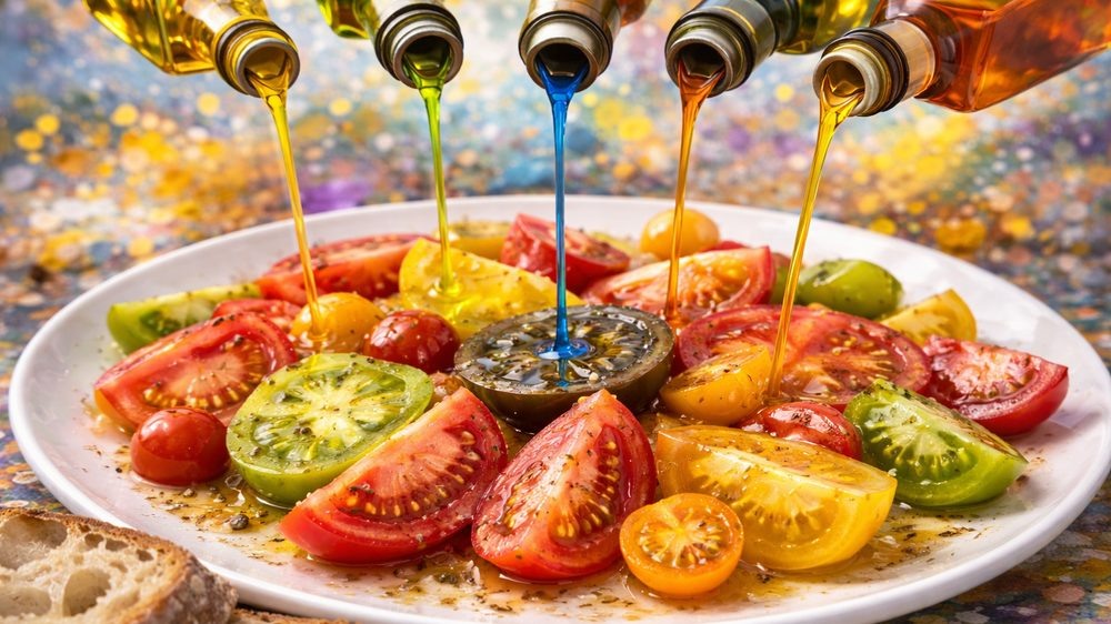 Разнообразные ломтики томатов разных сортов и цветов на белой тарелке с солью и перцем, на которые льётся оливковое масло разных оттенков из нескольких бутылок, с хлебом на переднем плане