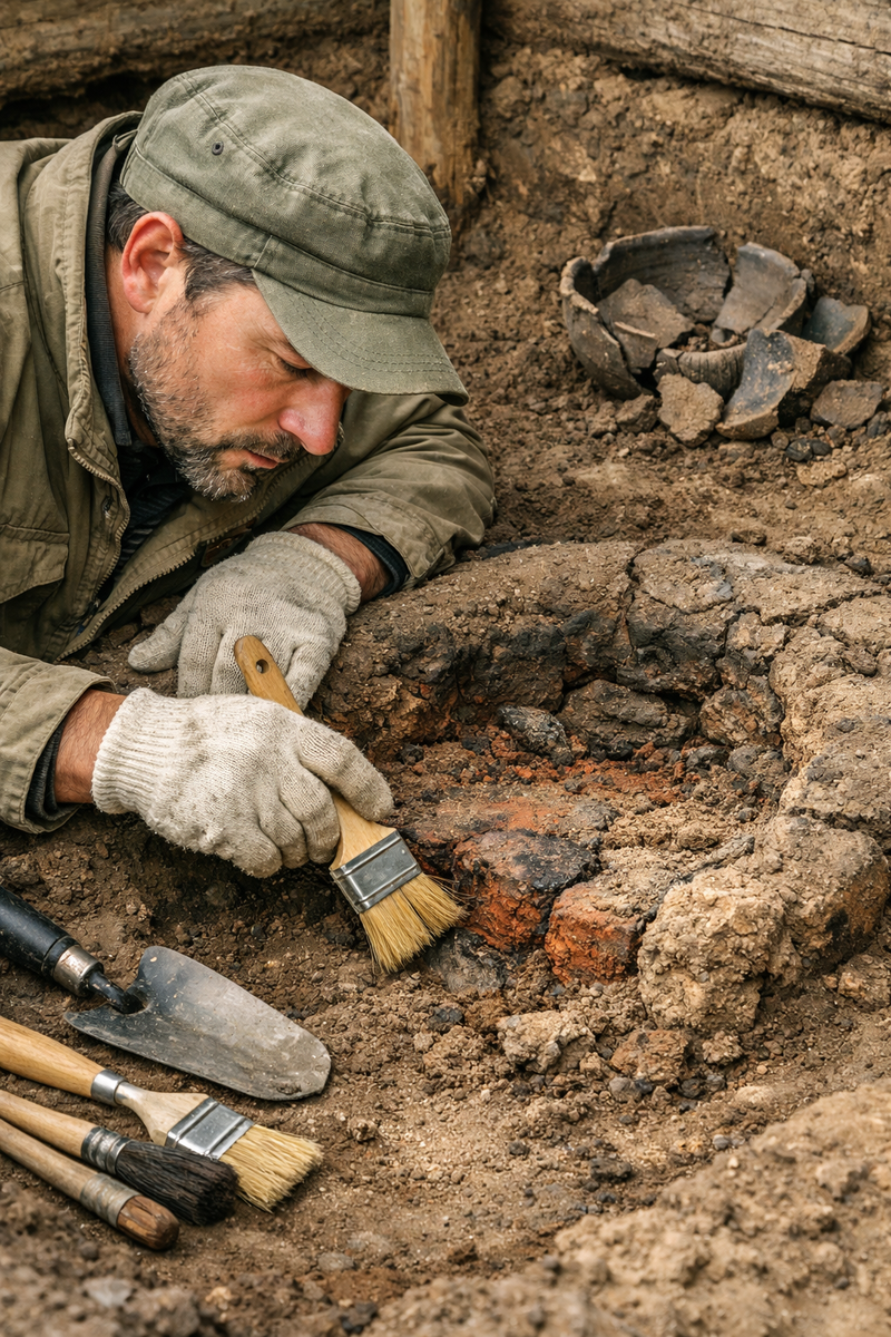 Археолог за работой на раскопе славянского жилища