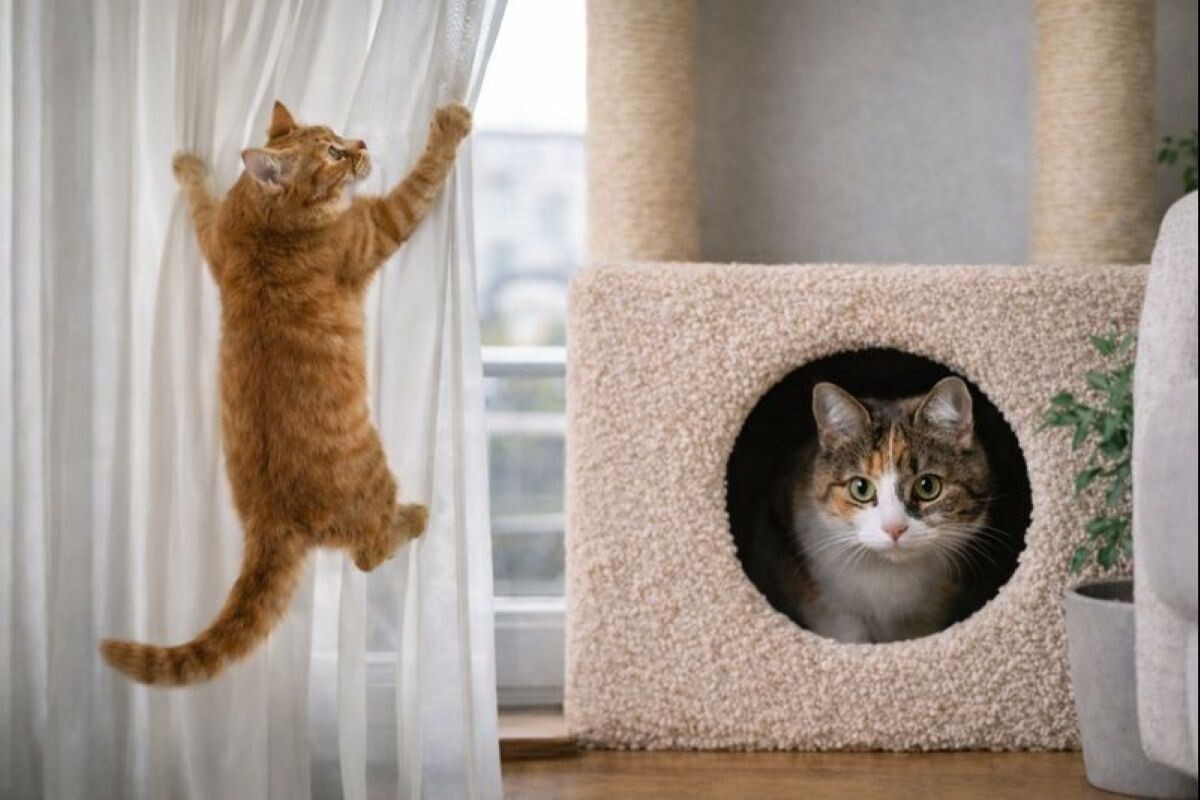 Вам кажется, что кот висит на шторах, а кошка сидит в домике? Возможно. Но может оказаться и наоборот. Источник: нейросеть📷
