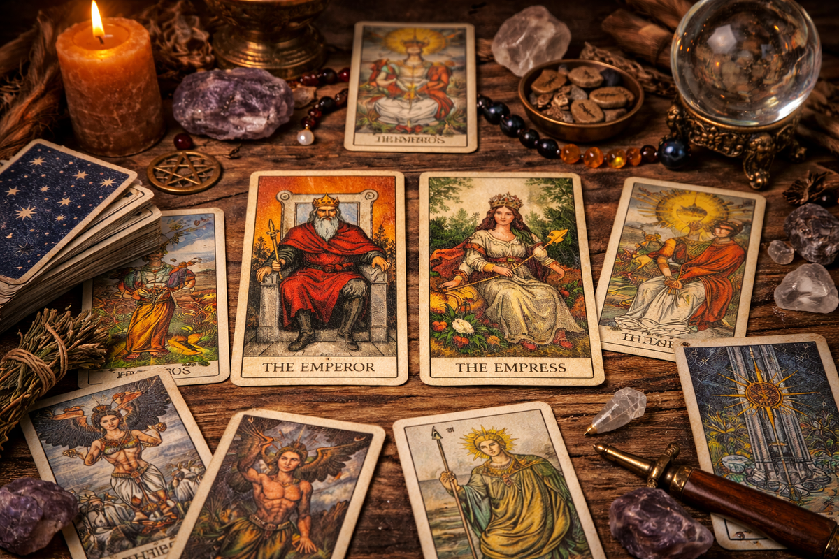 Когда карты Таро Император и Императрица выходят в окружении других арканов, смысл смещается от союза к правилам и договорённостям.