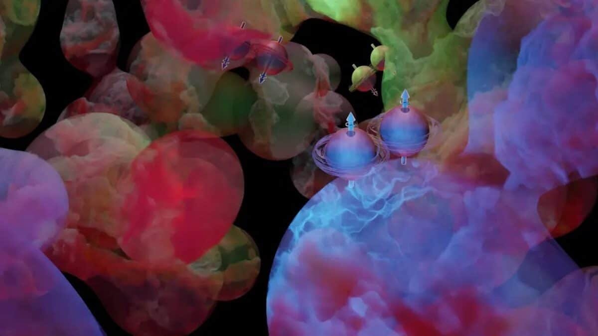    Динамические флуктуации энергетических полей в квантовом вакууме, связанные с кратковременным появлением пар кварков и антикварков с совпадающими спинами. Cтолкновения частиц в RHIC могут давать дополнительный энергетический импульс, который превращает виртуальные частицы в реальные, фиксируемые такими детекторами, как STAR / © Valerie A. Lentz/Brookhaven National Laboratory