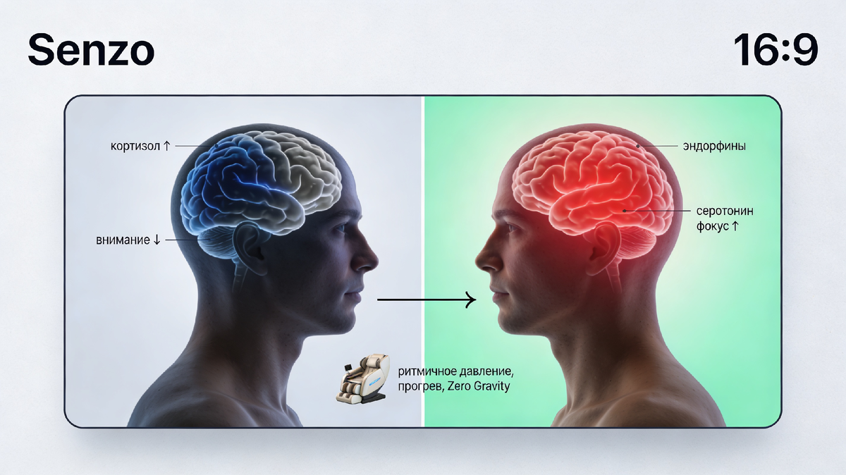🌟 Массаж Senzo балансирует мозг: от стресса (кортизол ↑, фокус ↓) к гармонии (эндорфины, серотонин, ясность ↑). Zero Gravity в действии! 😌