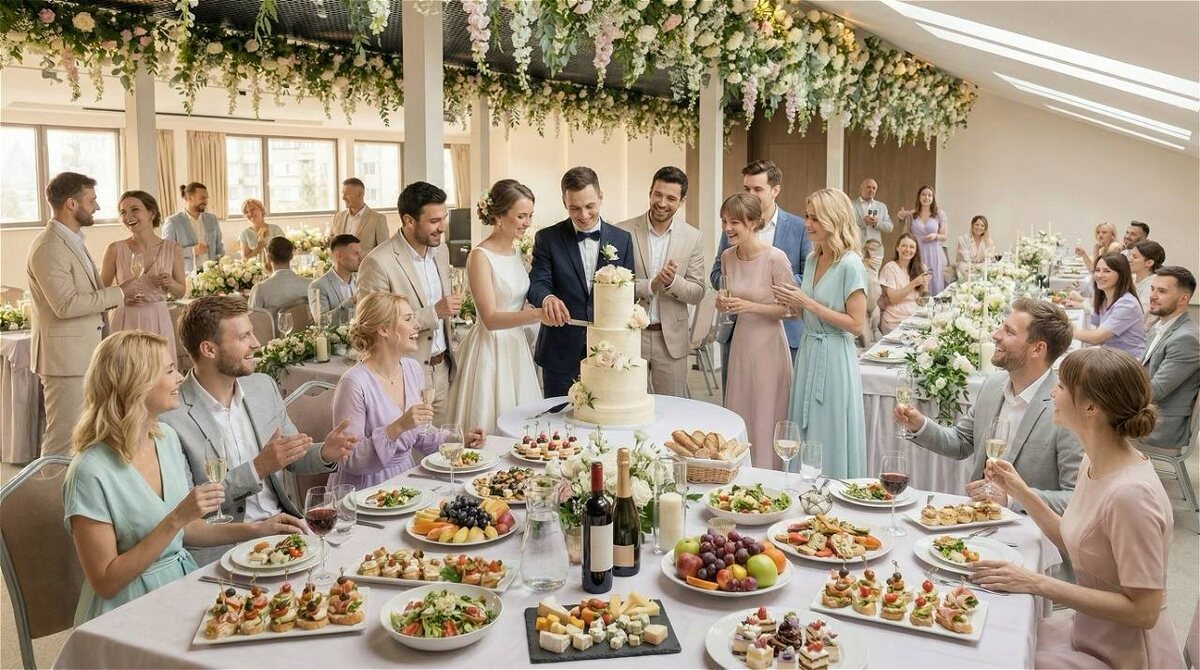 Фото свадебного фуршета в зале ресторана LOTOS c видом на ВДНХ в зале LOTOS CONGRESS