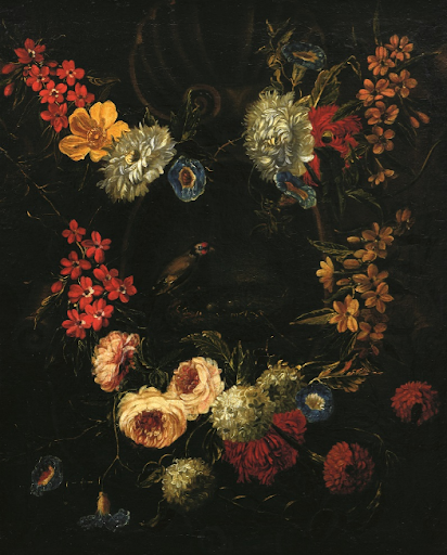 Даниэль Сегерс. Цветы на архитектурном украшении, в котором видны птичье гнездо с яйцами и щеглёнок. XVII век / Фотография с официального сайта музея Санкт-Петербургской академии художеств имени Ильи Репина