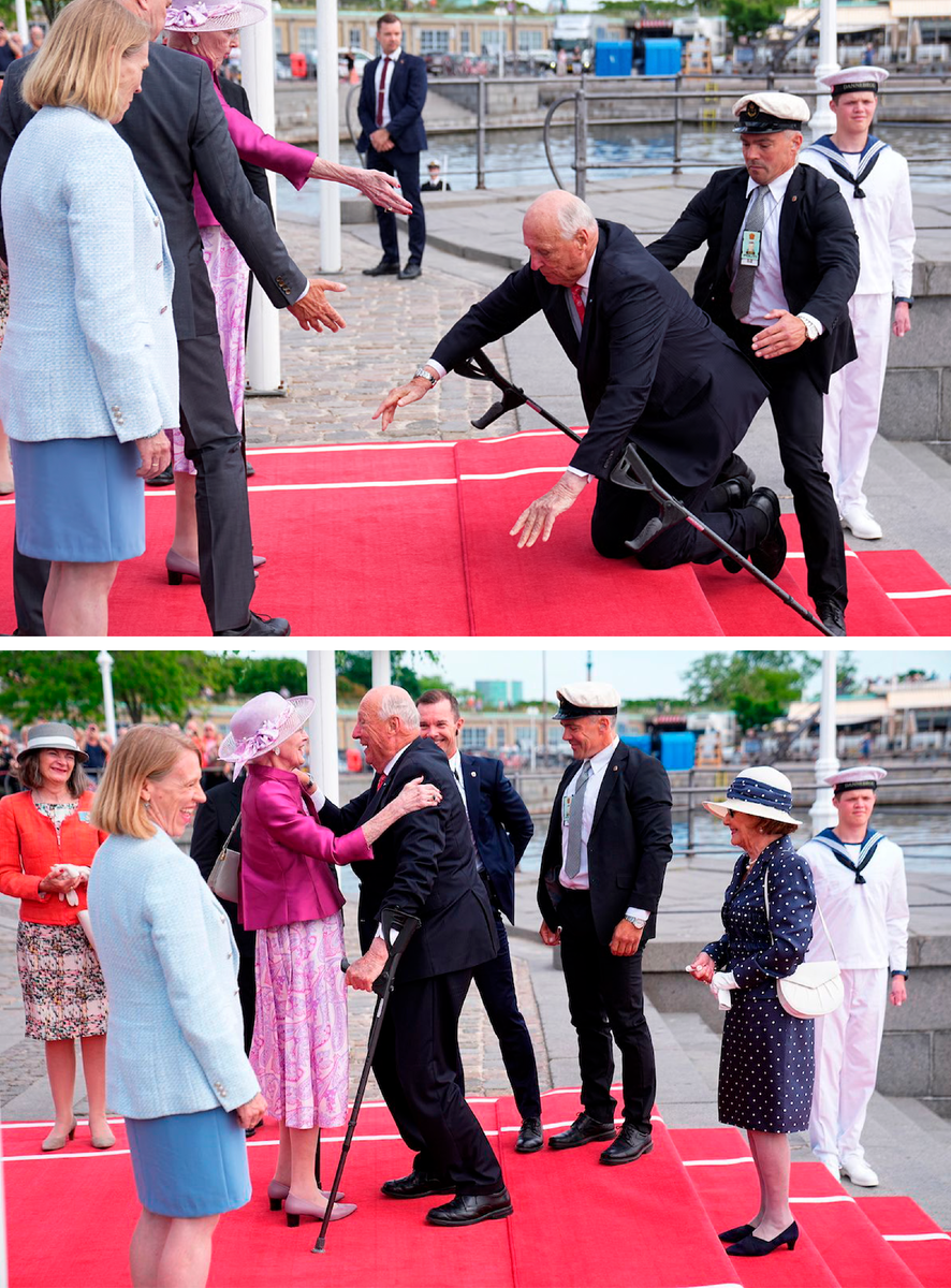 Пример настоящего супреэйджизма. 86-летний король Норвегии Харальд V споткнулся, ступая по выстланной красной ковровой дорожке, и упал на колени перед 83-летней королевой Дании  Маргрете II. Встать ему помогли сотрудники дворца.
Несмотря на неприятный инцидент, Харальд V продолжал улыбаться и тепло поприветствовал Маргрете II поцелуем в щеку. Дания, 2023 год.