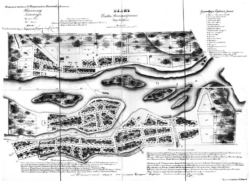 Генеральный план г. Нижнеудинска, середина XIX в.; чертеж выполнен Н. Федоровым, подписан Александром II в 1859 г. Источник: https://nudinsk-museum.ru/karty-genplany-goroda-nizhneudinska/