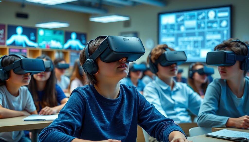    Изображение, иллюстрирующее влияние технологий на образование, оживленные классы с использованием ИИ и VR.