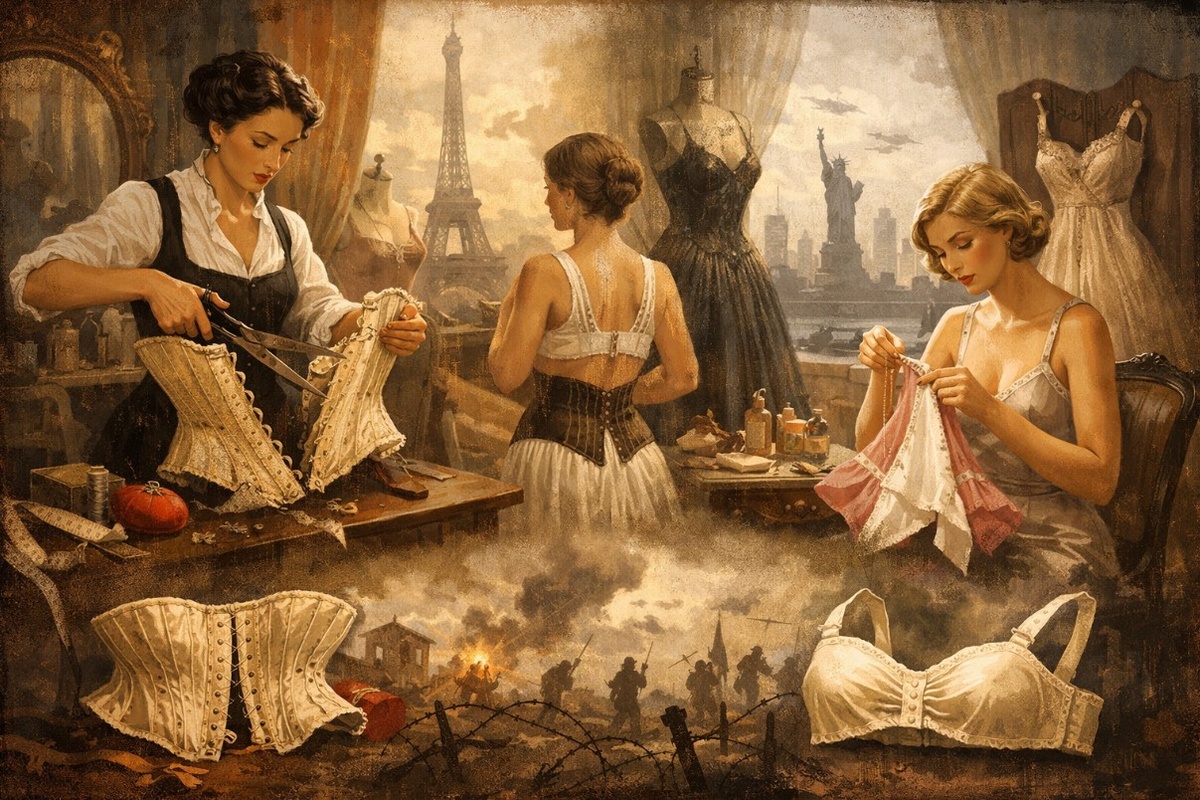 Парижская портниха Эрмини Кадоль разрезает корсет пополам, а нью-йоркская светская львица Мэри Фелпс Джейкоб сшивает два шелковых платка