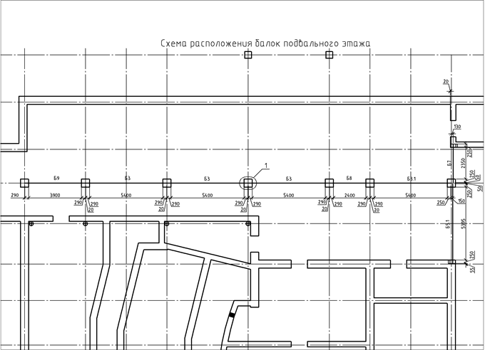 Фрагмент схемы расположения балок перекрытия над подвалом