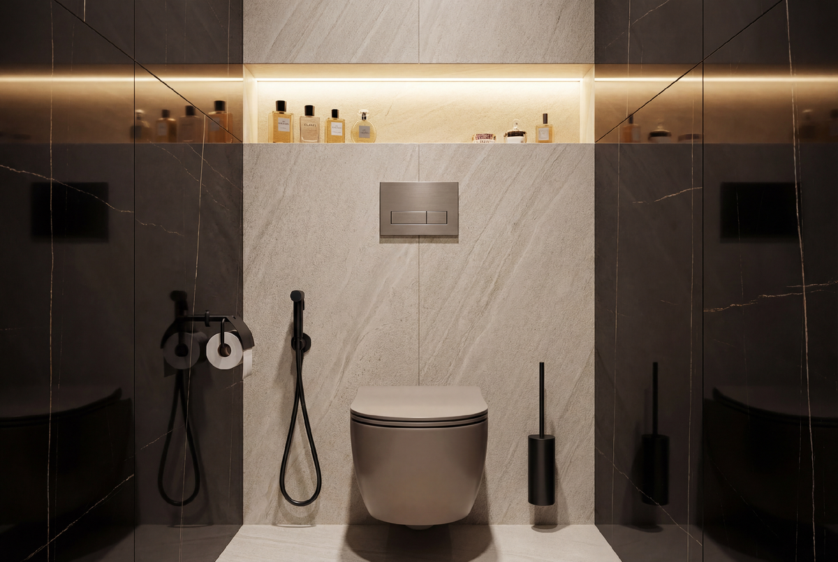 Глянцевый чёрный мрамор с золотистой прожилкой, бежевый унитаз и подсвеченная ниша — пример, как тёмные материалы выглядят премиально при правильном свете.