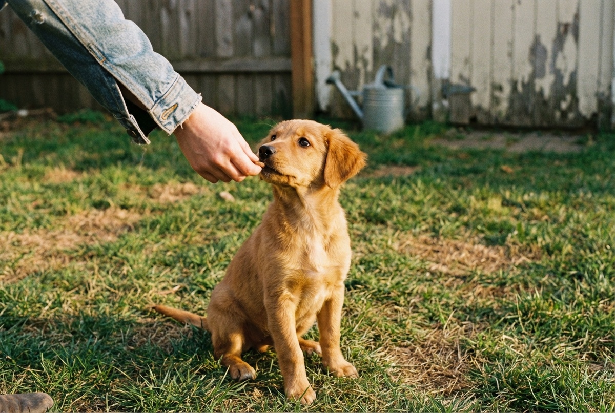 Щенок смотрит на хозяина во время дрессировки на улице