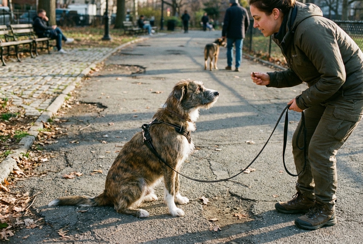 Собака на поводке реагирует на раздражитель