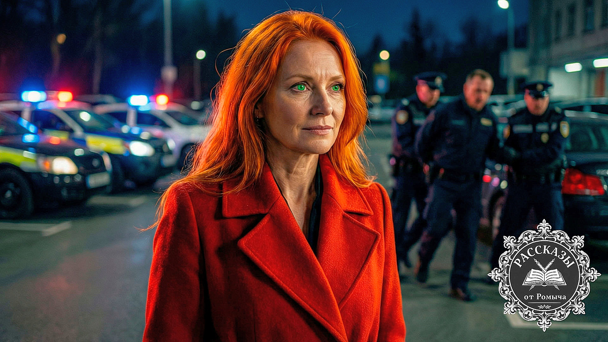 Женщина в красном плаще на фоне задержания преступника на парковке офисного центра