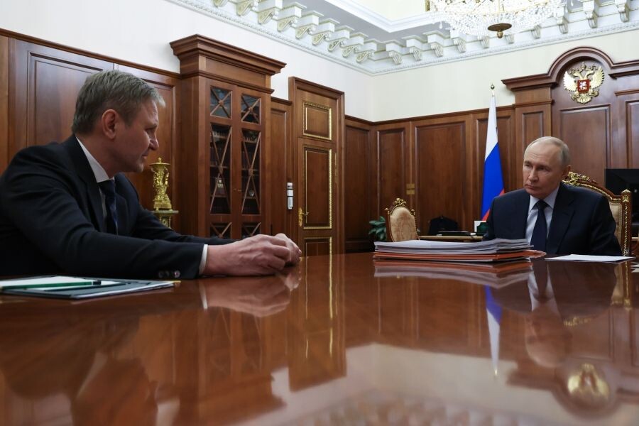    Владимир Путин и председатель совета директоров группы «Мантера» Александр Ткачёв / Источник: © Вячеслав Прокофьев/POOL/РИА Новости
