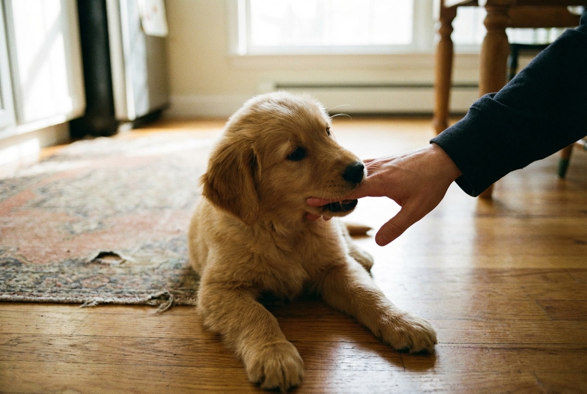 Щенок играет и кусает руки владельца