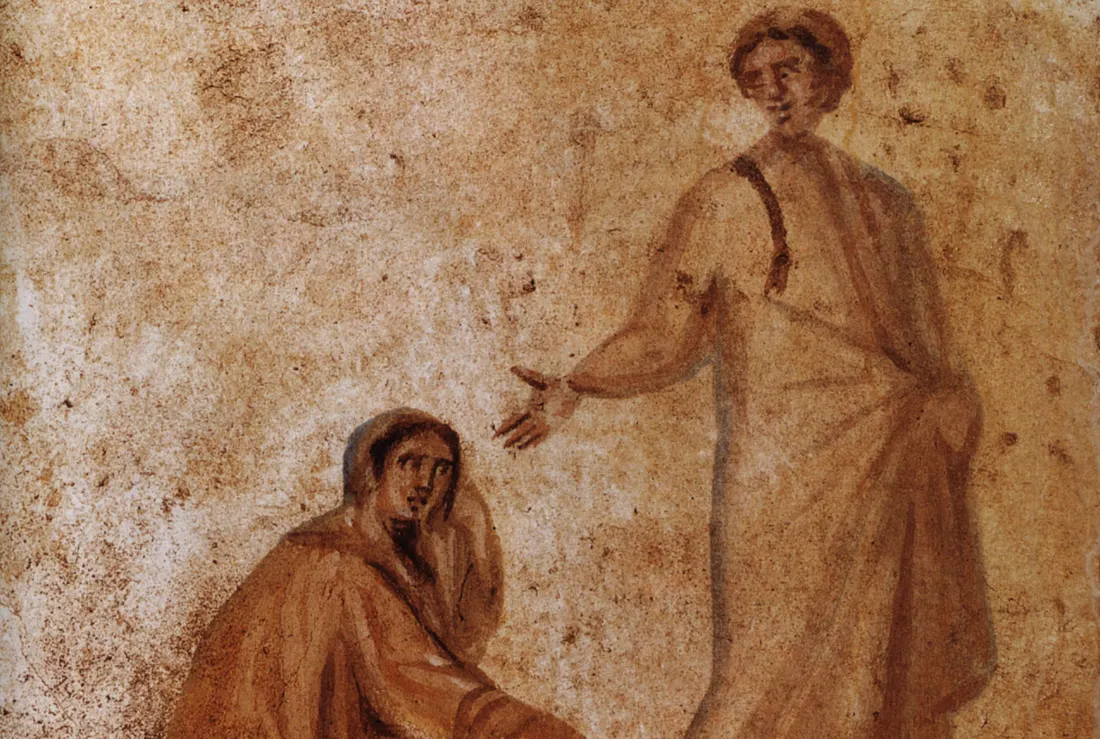 Изображение Христа, исцеляющего истекающую кровью женщину, из катакомб Марцеллина и Петра