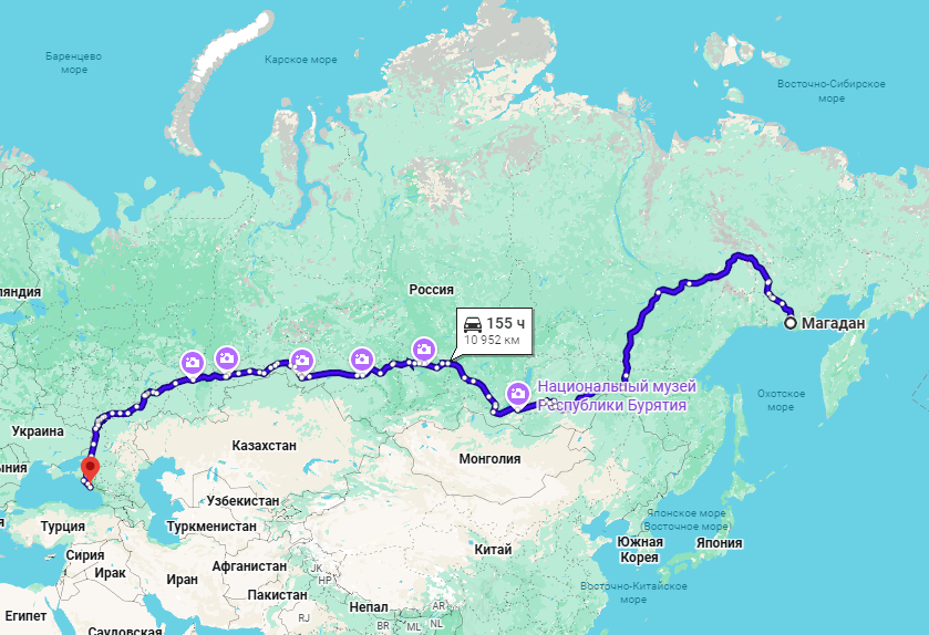Построенный маршрут на гугл-картах