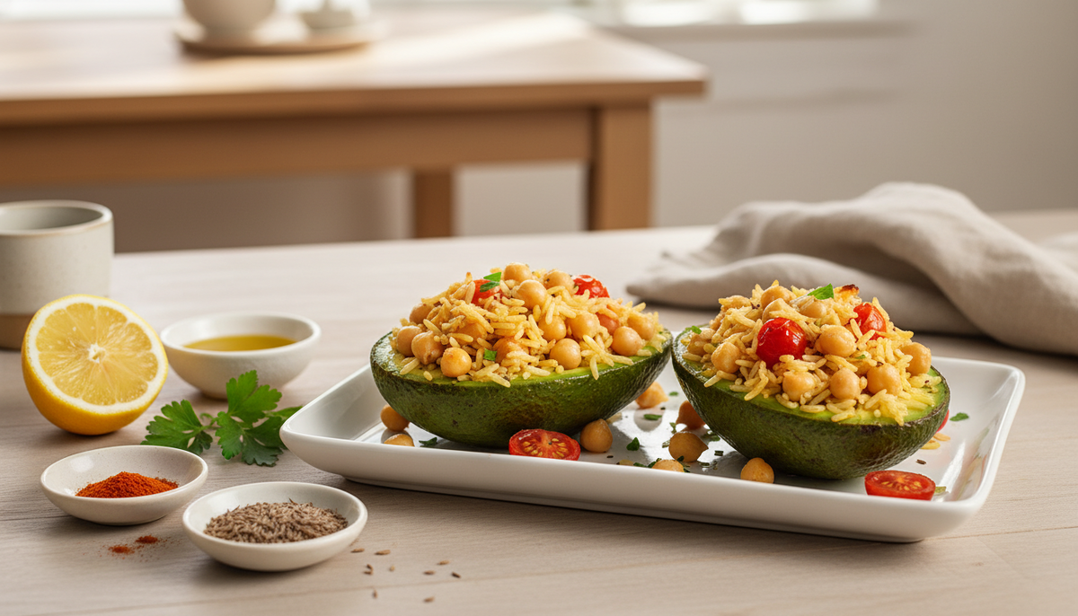 Авокадо по индийски с рисом и нутом