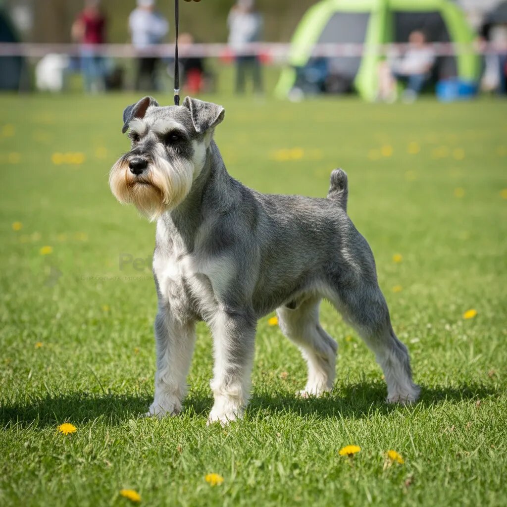 Миниатюрный шнауцер в строгой выставочной стойке на зеленой траве