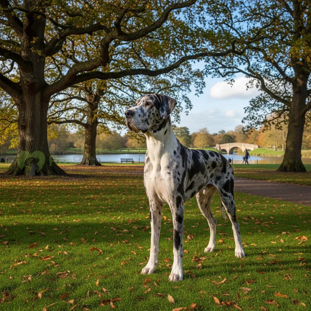 Величественный немецкий дог мраморного окраса стоит в парке