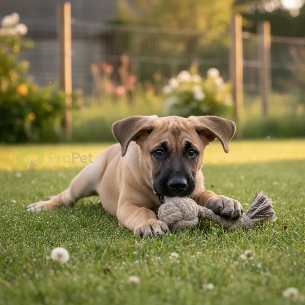 Щенок немецкого дога играет с игрушкой на траве
