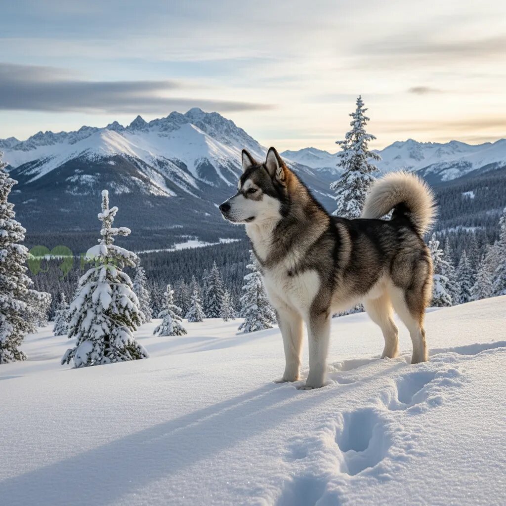 Величественный аляскинский маламут на фоне заснеженного пейзажа