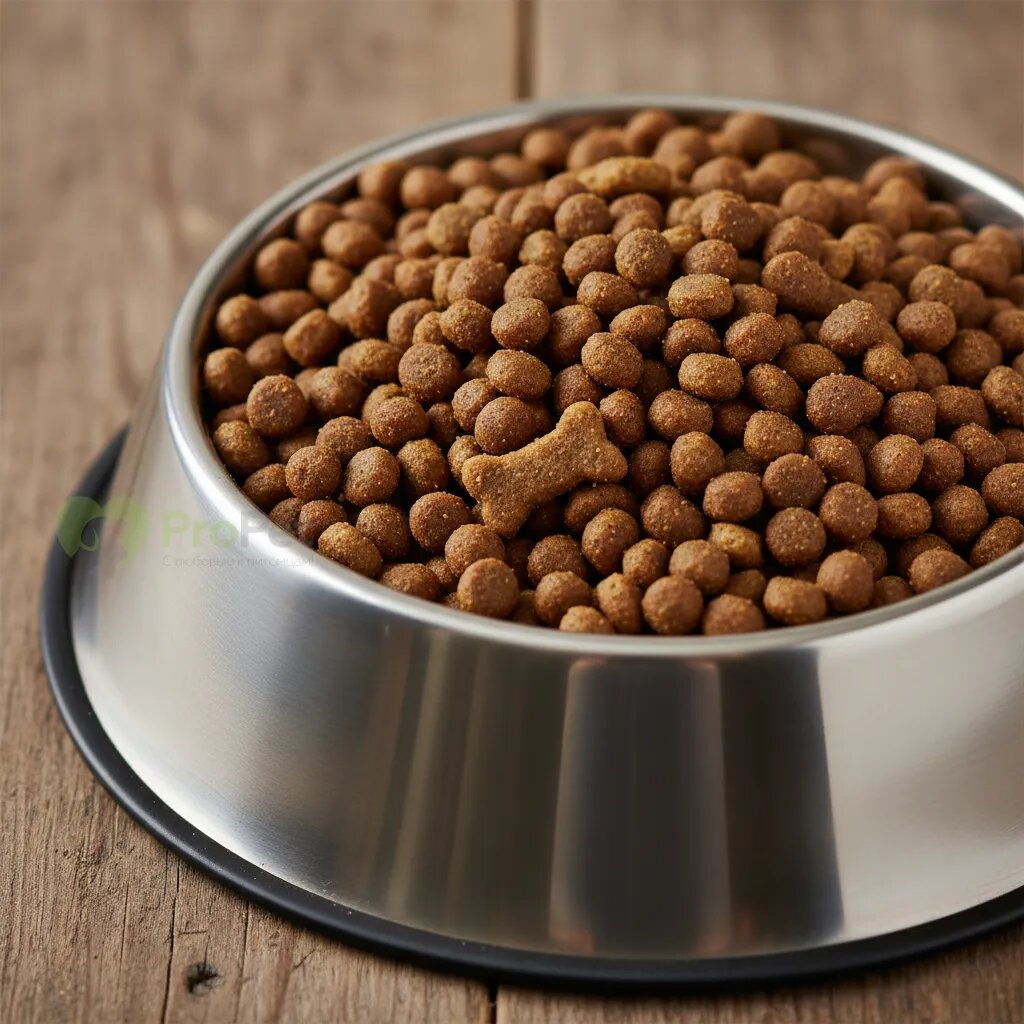 Крупный план миски с гранулами сухого корма для собак