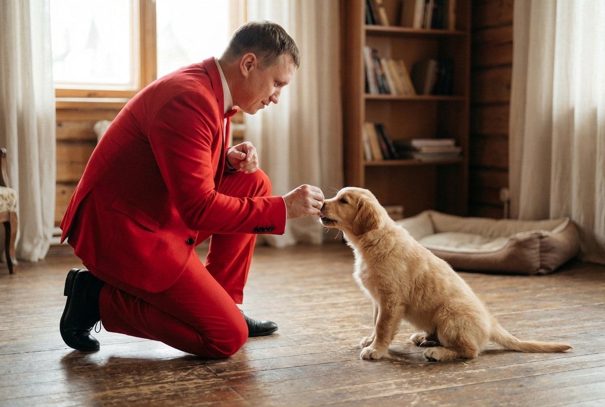 Хозяин обучает щенка команде сидеть с помощью лакомства